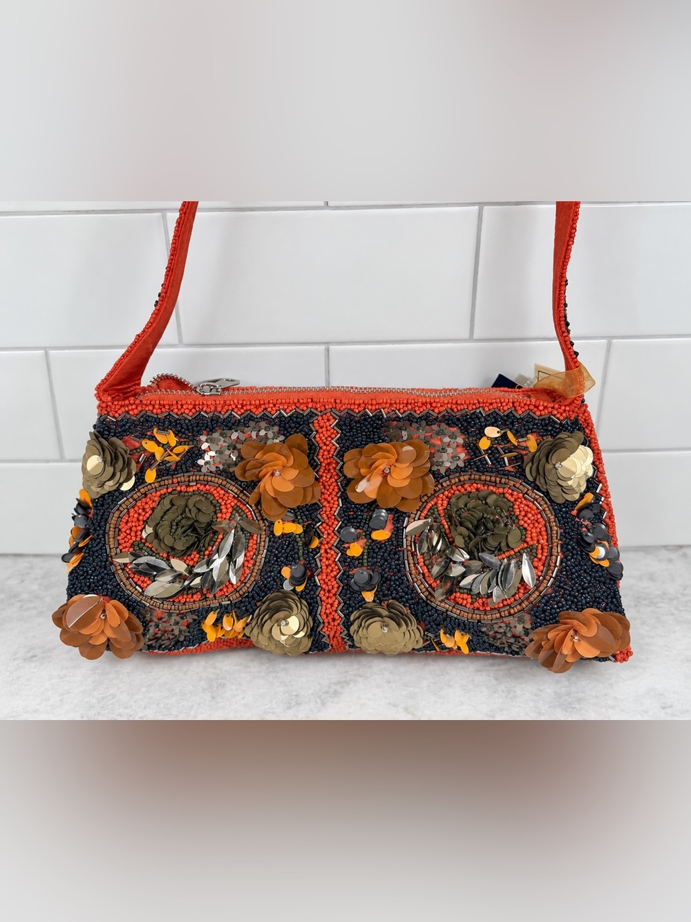 Made In India Black & Orange Beaded Sequin Floral Rectangle Shoulder Bag NWT